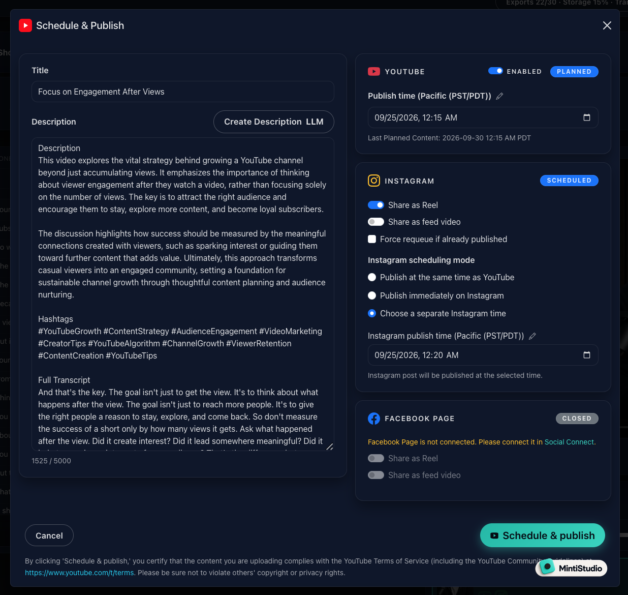 MintiStudio Schedule and Publish modal for YouTube Shorts and Instagram Reels