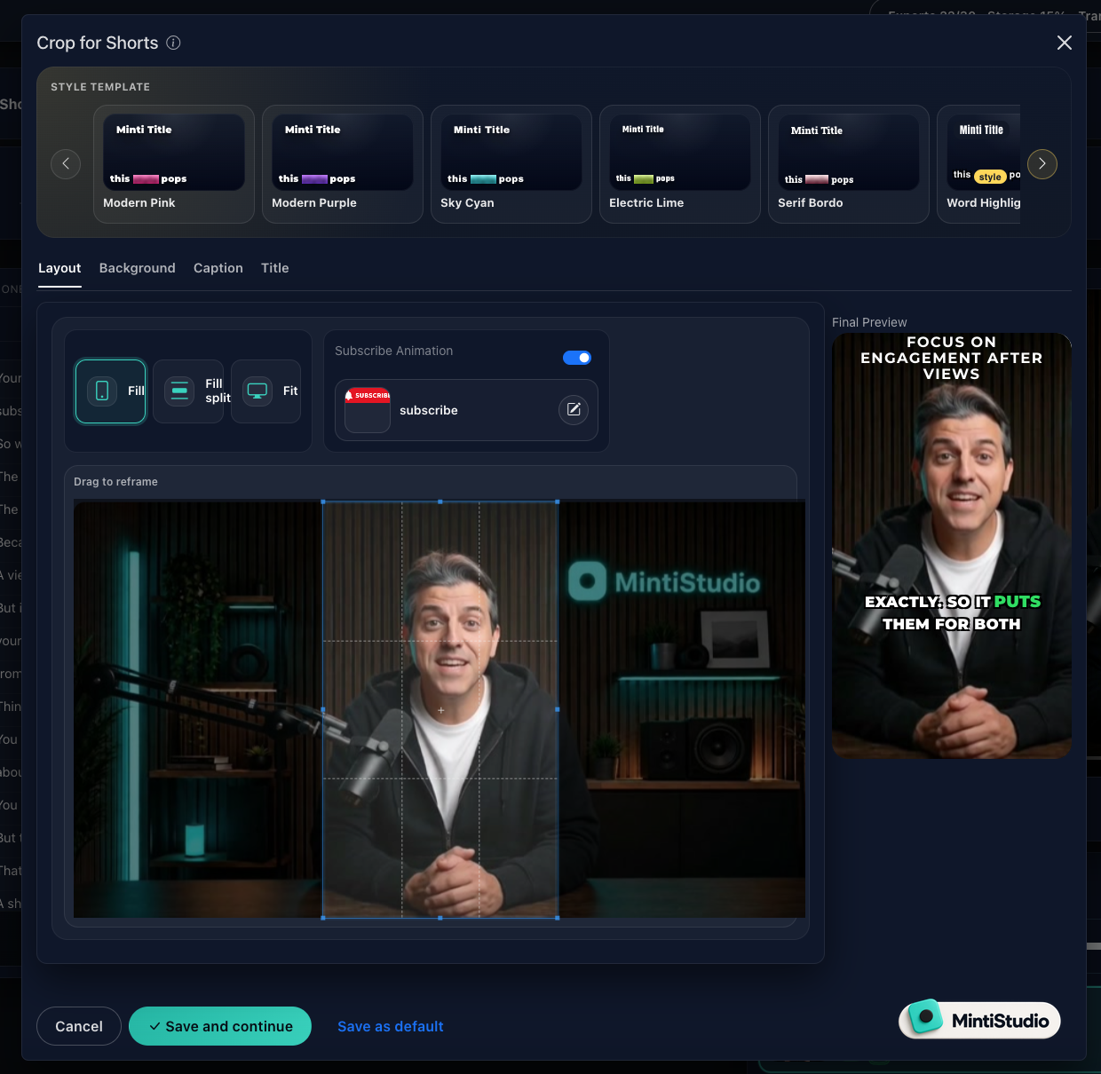 MintiStudio Crop for Shorts editor with caption style templates, reframe box, and vertical preview