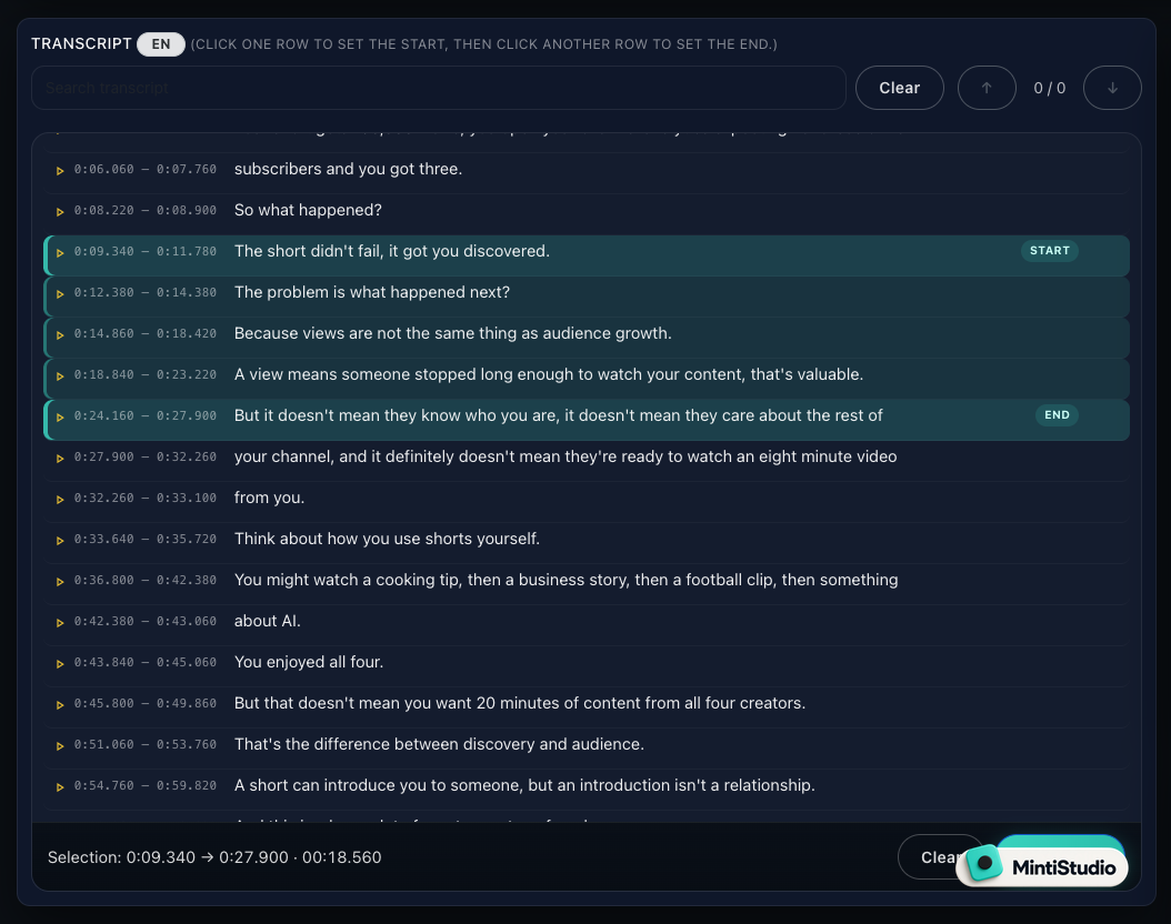Selecting a clip range directly from the transcript in MintiStudio