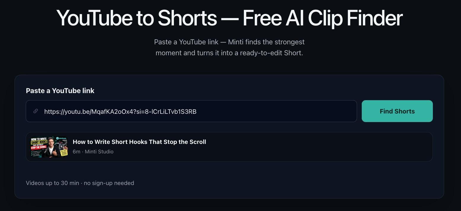 MintiStudio free YouTube to Shorts tool with a pasted YouTube link and video preview