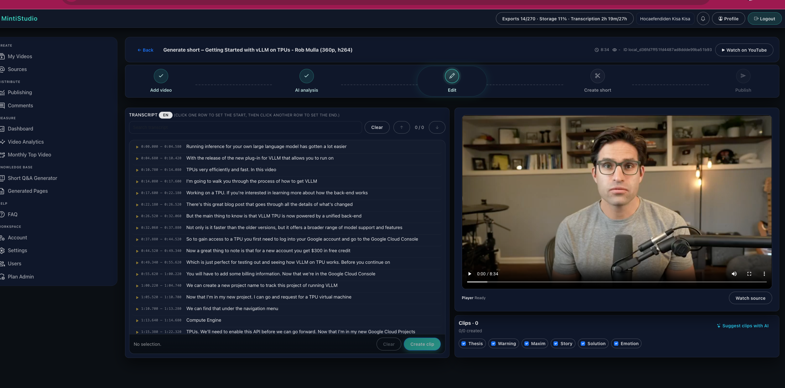 Transcript editing interface in MintiStudio