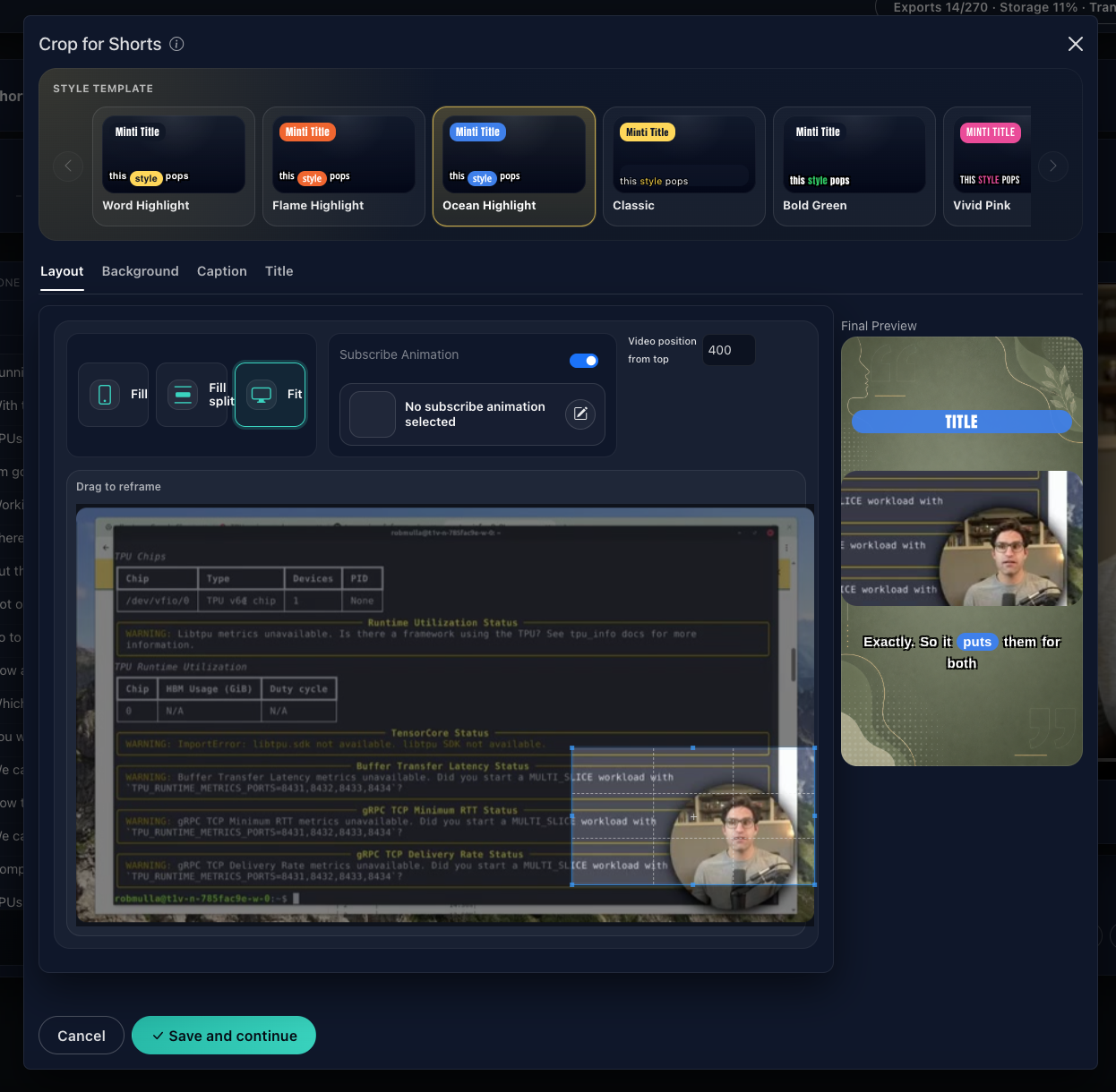 Crop and style controls for a Short in MintiStudio