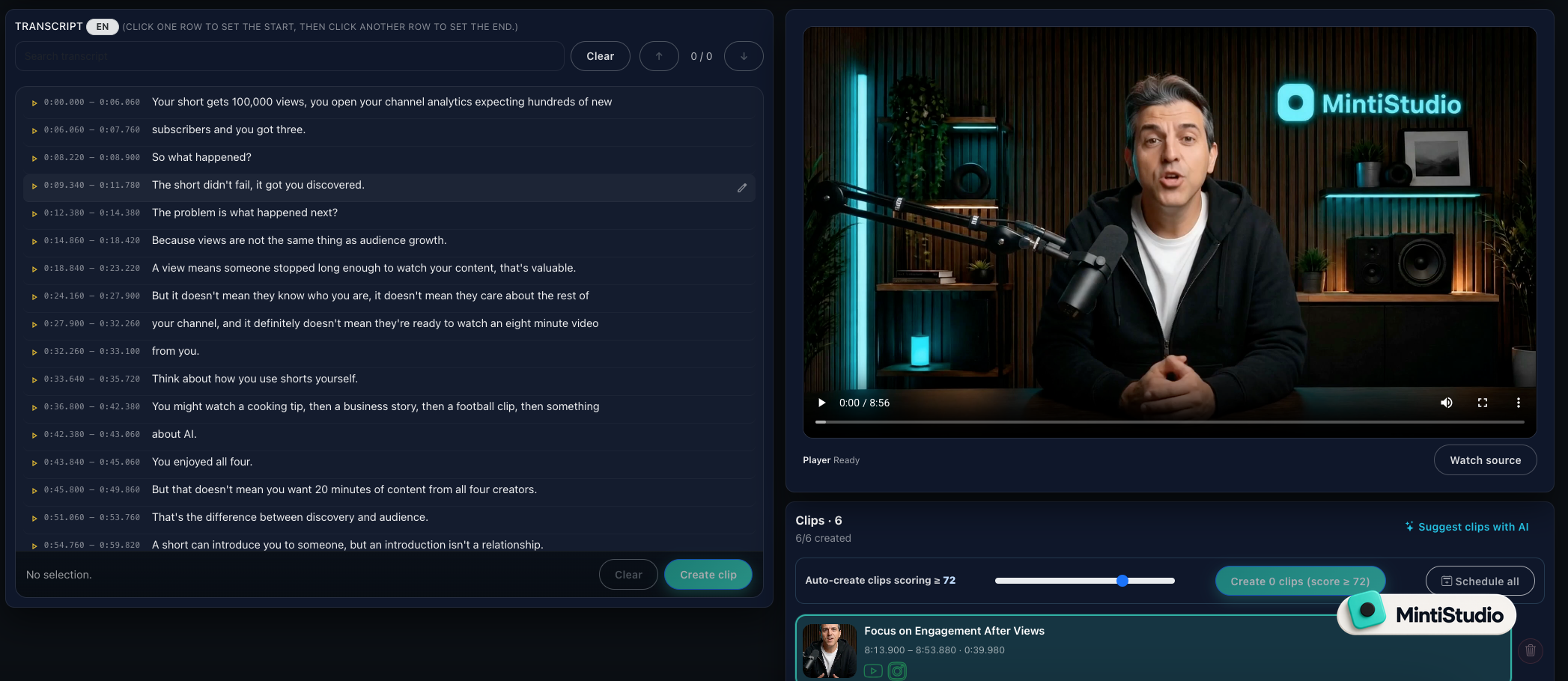 MintiStudio video workspace with timestamped transcript, video player, and AI clip suggestions