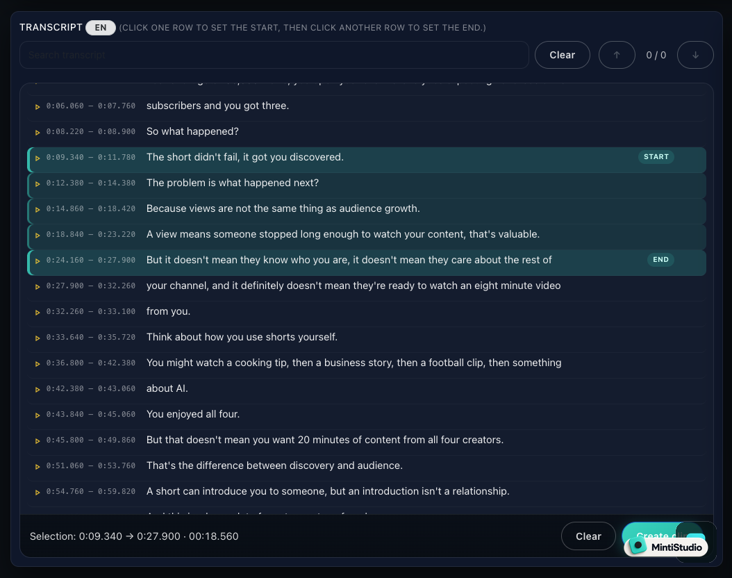 Selecting a clip range directly from the transcript in MintiStudio