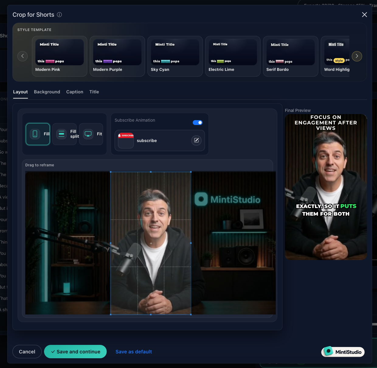 MintiStudio Crop for Shorts editor with caption style templates, reframe box, and vertical preview